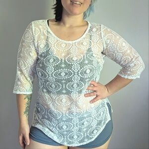 Y2K Abercrombie & Fitch Sheer White Lace 3/4 Sleeve Tunic Top
